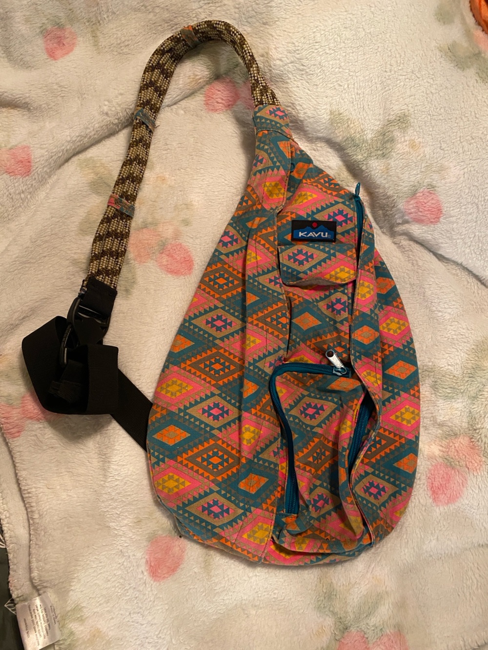 Kavu Aztec Print Teal, Pink & Orange Sling Backpack